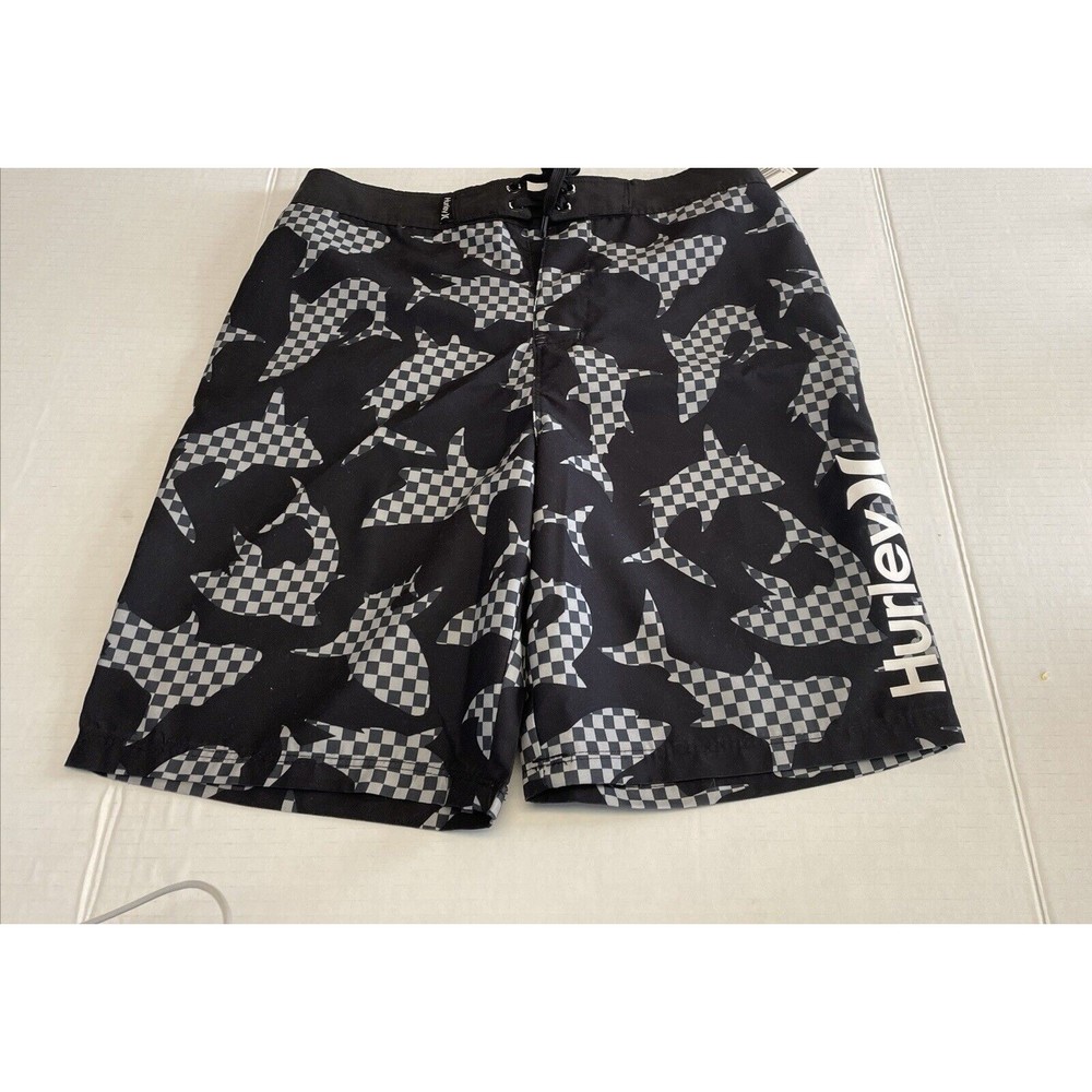 New Hurley Boys Shark  Black Checkered  Board Shorts Size 14/27 Inseam 8”